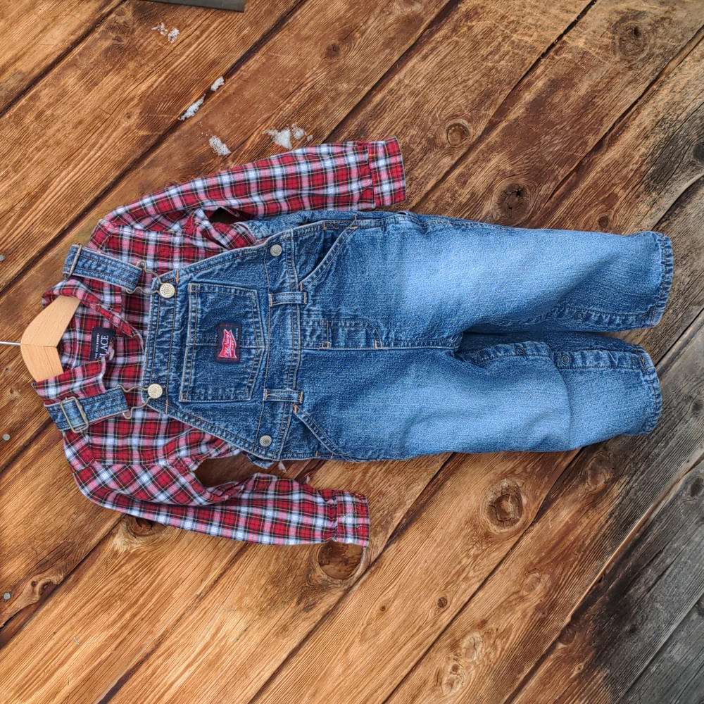 Old Navy Overalls-fleece lined & plaid Button-down shirt set 18-24
